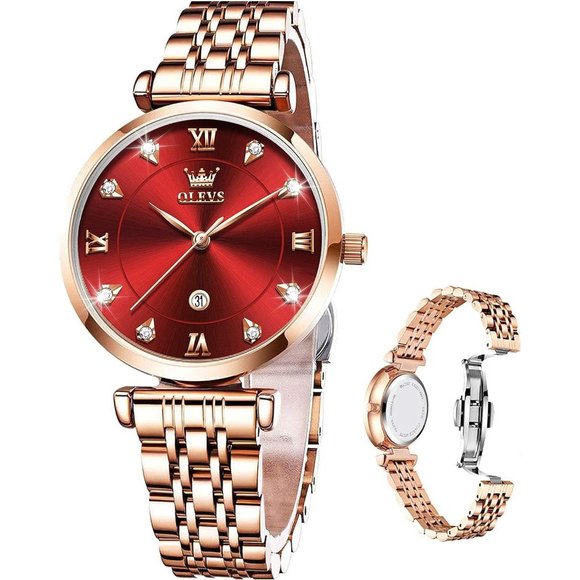 Women Rose Gold Stainless Steel Band Red Dial Quartz Small Face Waterproof Watch main image 7